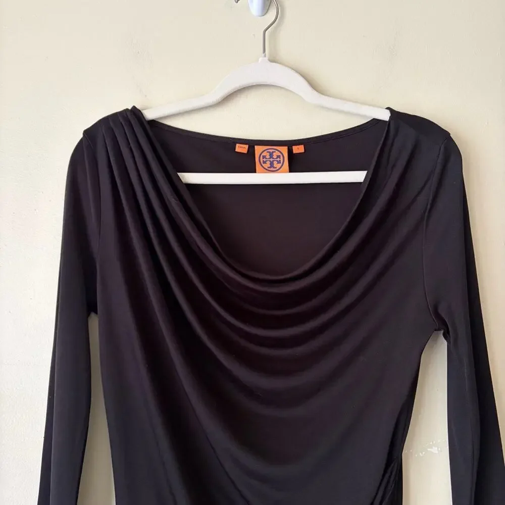 Tory Burch | 100% Silk Draped Cowl Neck Knee Length Ruched Dress Black Small